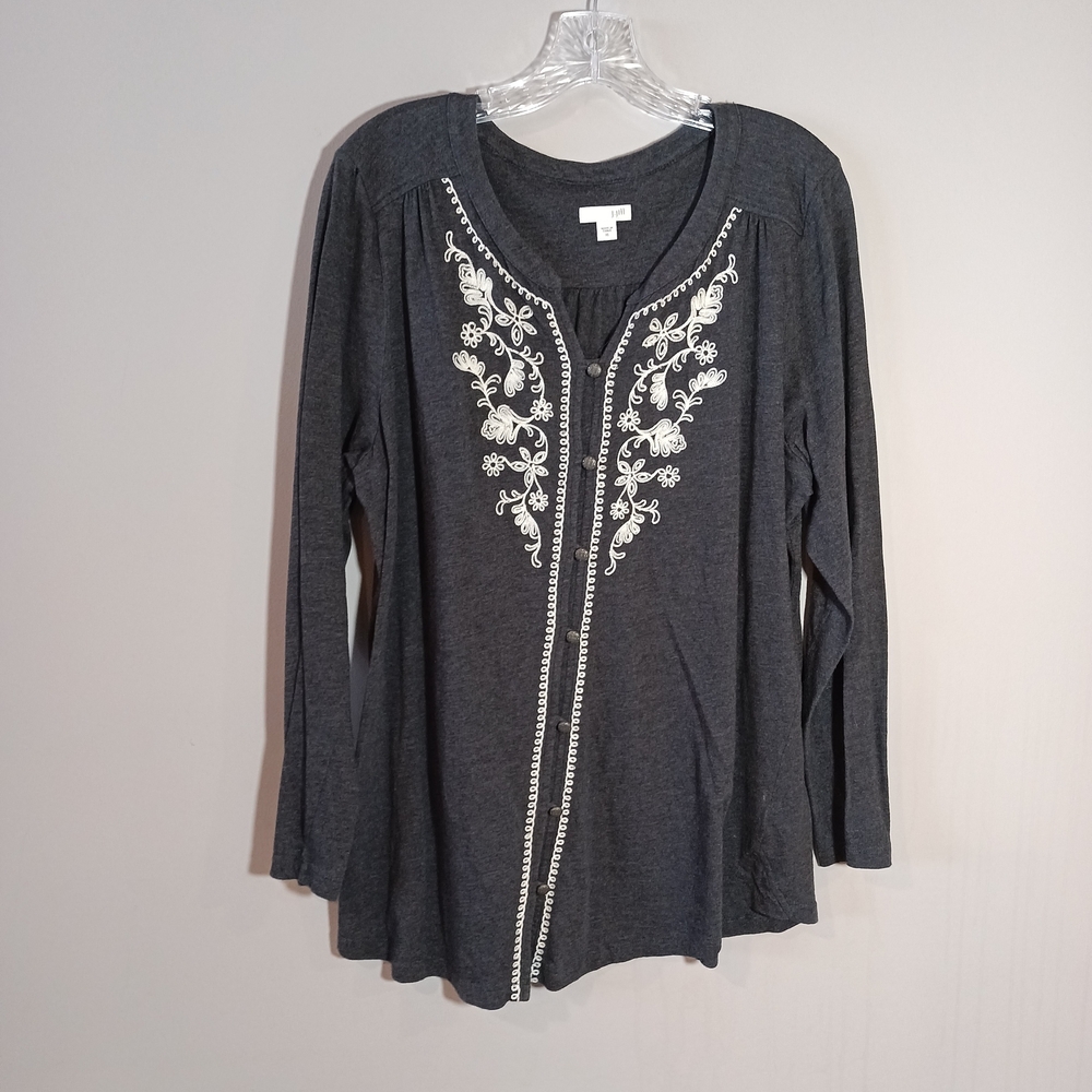 J.Jill Button Front Embroidered Top Size XL Grey White - Picture 2 of 7